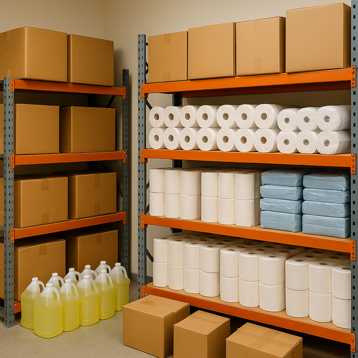 storage room with bulk items on shelves.