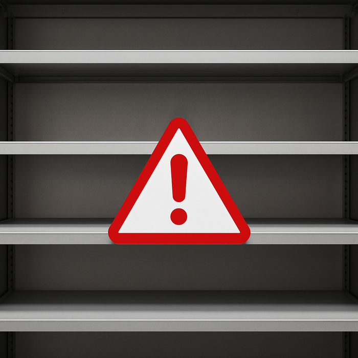 empty shelves with an emergency symbol in the center of the image.
