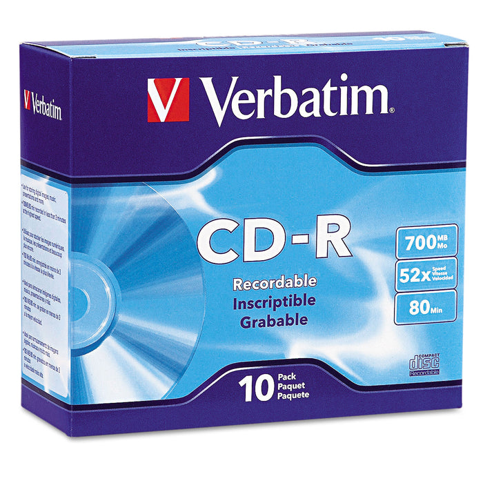 CD-R Discs, 700MB/80min, 52x, w/Slim Jewel Cases, Silver, 10/Pack