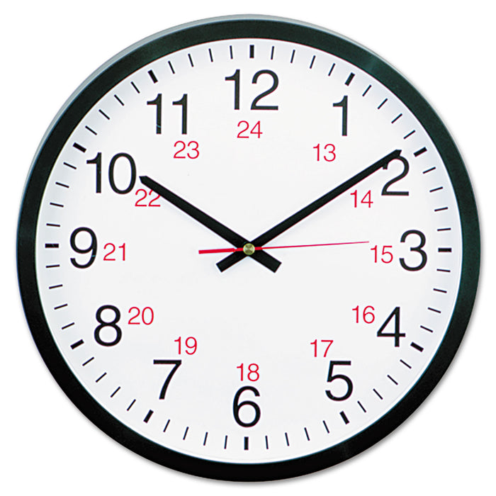 24-Hour Round Wall Clock, 12.63" Overall Diameter, Black Case, 1 AA (sold separately)