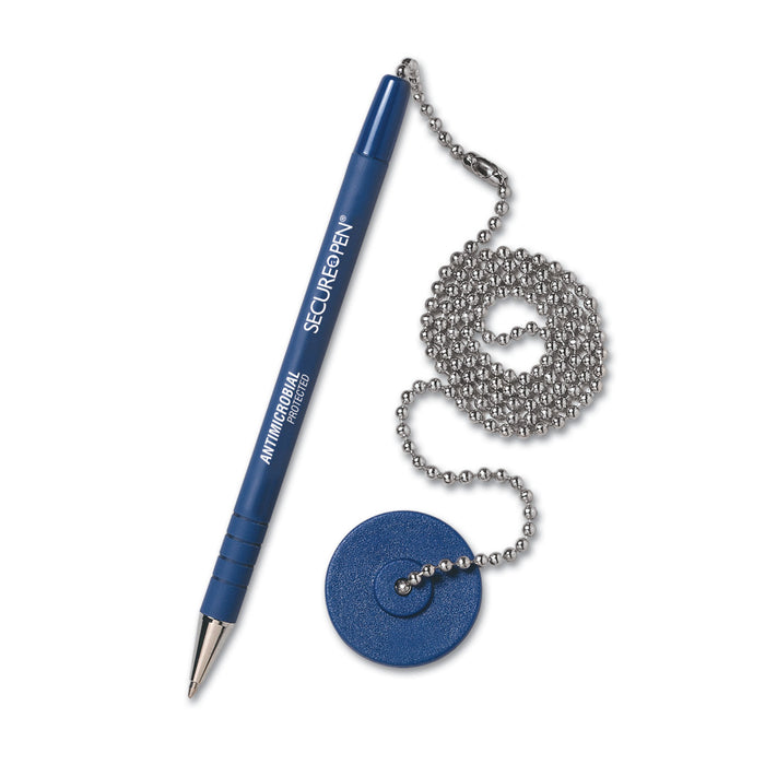 Secure-A-Pen Antimicrobial Ballpoint Counter Pen Kit with Round Base and 24" Ball Chain, 1mm, Blue Ink/Barrel