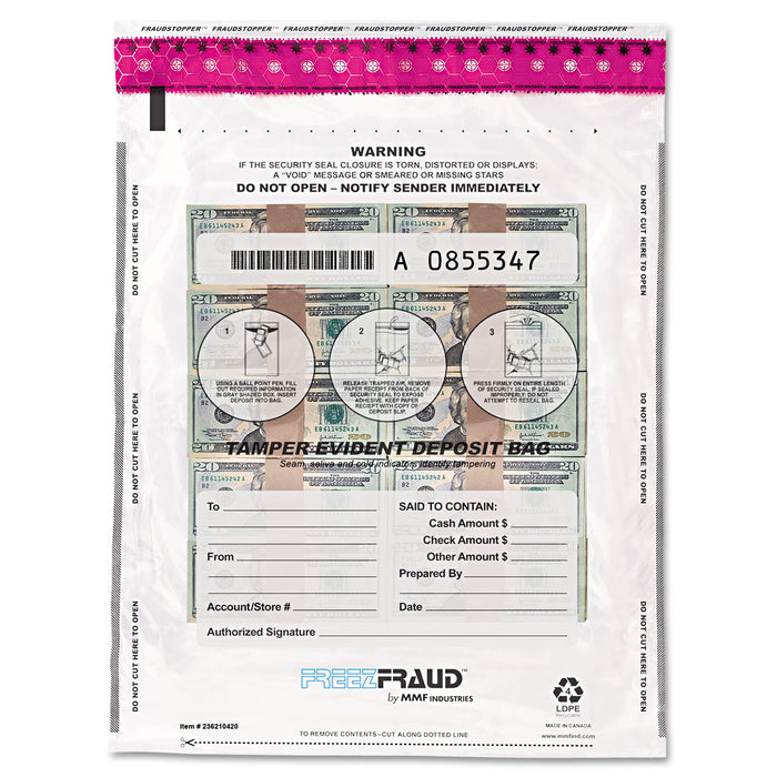 FREEZFraud Tamper-Evident Deposit Bags, 12 x 16, Clear, 100/Box
