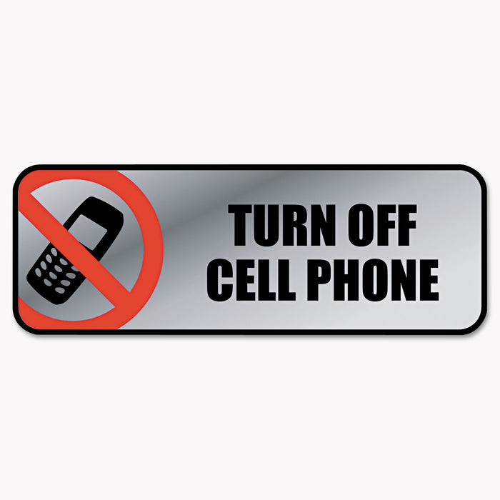 Brushed Metal Office Sign, Turn Off Cell Phone, 9 x 3, Silver/Red
