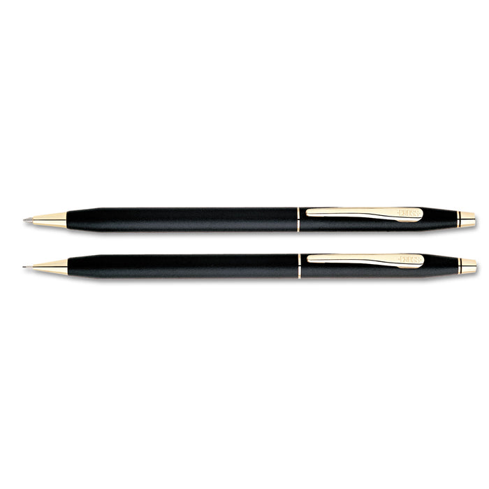 Classic Century Ballpoint Pen and Pencil Set, Medium Black Pen, Black HB Pencil, Black/Gold Barrel