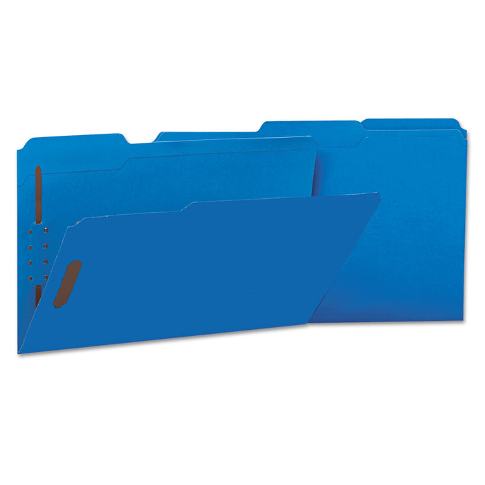 Deluxe Reinforced Top Tab Folders with Two Fasteners, 1/3-Cut Tabs, Legal Size, Blue, 50/Box