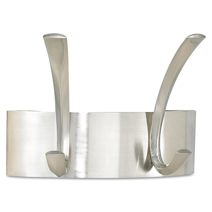 Metal Coat Rack, Steel, Wall Rack, Two Hooks, 7w x 4.5d x 5.25h, Brushed Nickel