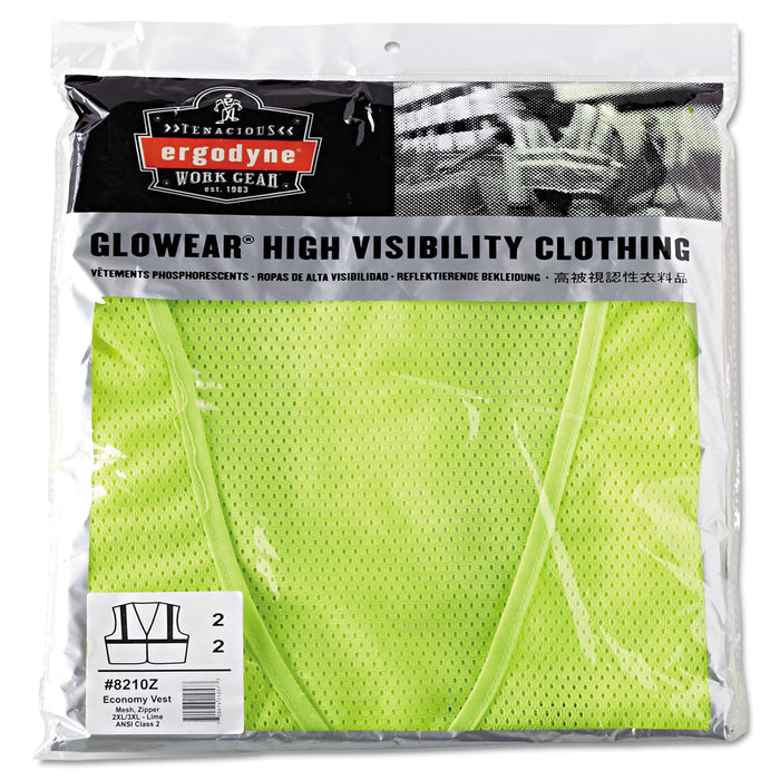 GloWear 8210Z Class 2 Economy Vest, Polyester Mesh, Zipper Closure, Lime, 2L/3XL