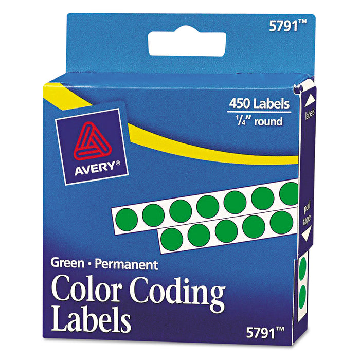 Handwrite-Only Self-Adhesive Removable Round Color-Coding Labels in Dispensers, 0.25" dia., Green, 450/Roll, (5791)