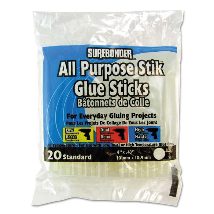 Hot Melt Glue Sticks, 0.43" x 4", Dries Clear, 20/Pack