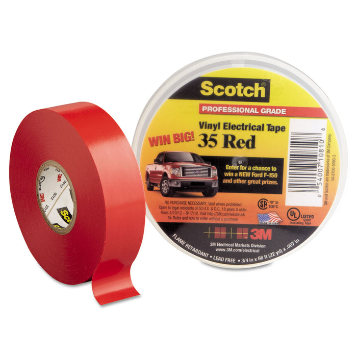 Scotch 35 Vinyl Electrical Color Coding Tape, 3" Core, 0.75" x 66 ft, Red