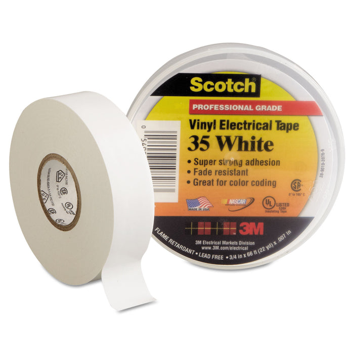 Scotch 35 Vinyl Electrical Color Coding Tape, 3" Core, 0.75" x 66 ft, White