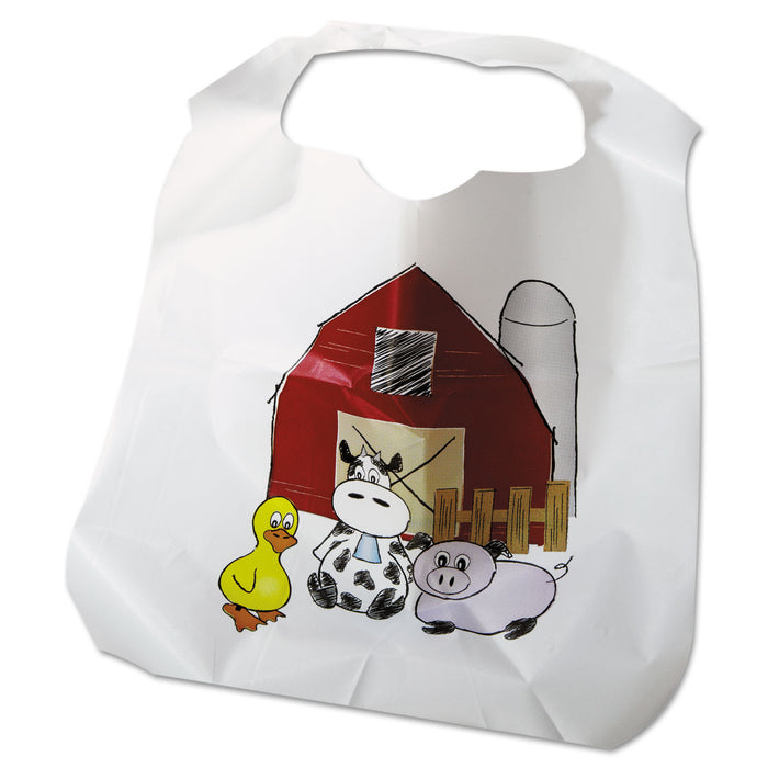 Disposable Child-Size Poly Bibs, Zoo/Farm Pattern, Children's, 250/Carton