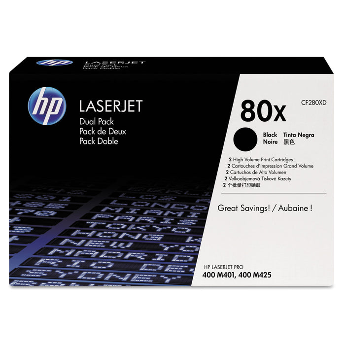 HP 80X, (CF280X-D) 2-Pack High Yield Black Original LaserJet Toner Cartridges