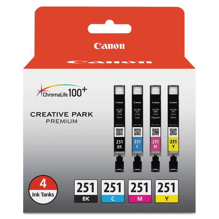 6513B004 (CLI-251) ChromaLife100+ Ink, Black/Cyan/Magenta/Yellow, 4/PK