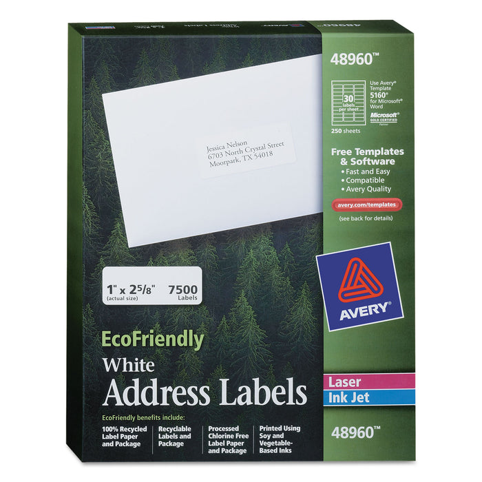 EcoFriendly Mailing Labels, Inkjet/Laser Printers, 1 x 2.63, White, 30/Sheet, 250 Sheets/Box