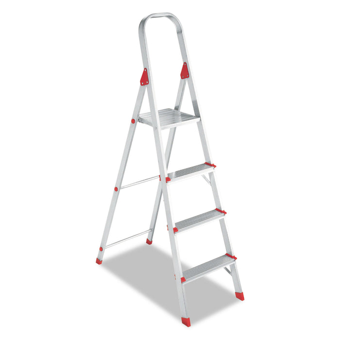 Aluminum Euro Platform Ladder, 8 ft Working Height, 200 lbs Capacity, 4 Step, Aluminum/Red
