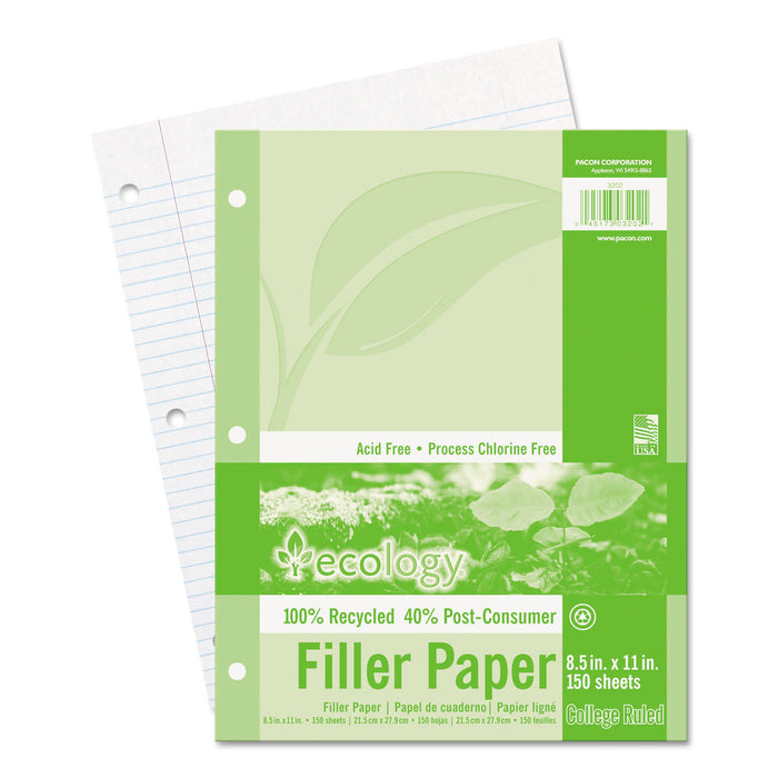 Ecology Filler Paper, 3-Hole, 8.5 x 11, Medium/College Rule, 150/Pack