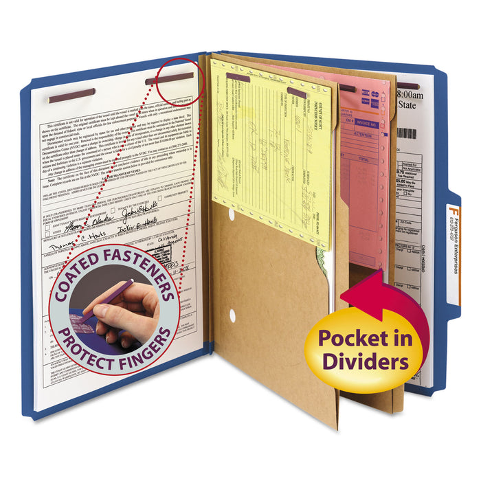 6-Section Pressboard Top Tab Pocket-Style Classification Folders with SafeSHIELD Fasteners, 2 Dividers, Letter, Blue, 10/Box