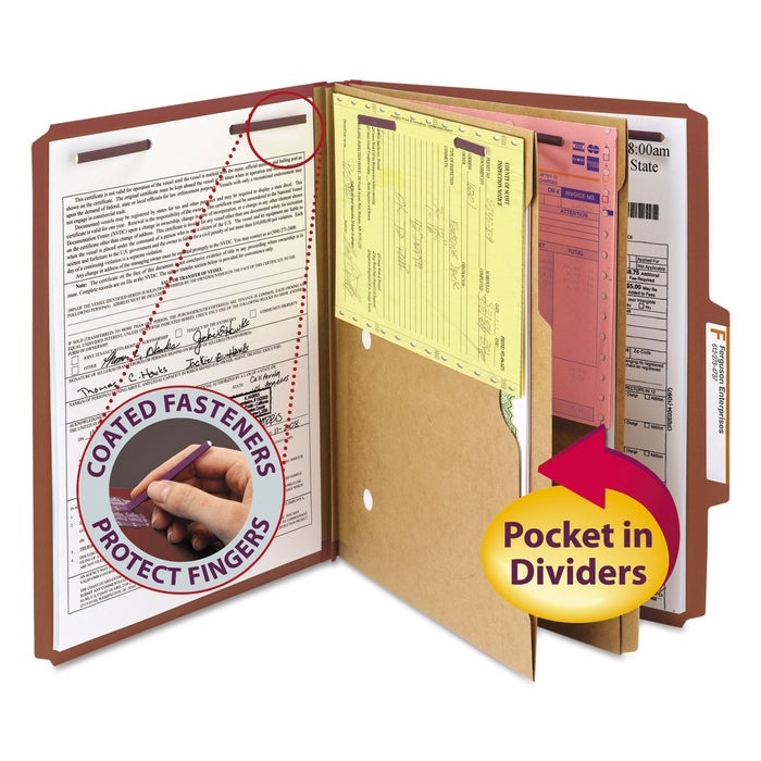 6-Section Pressboard Top Tab Pocket-Style Classification Folders with SafeSHIELD Fasteners, 2 Dividers, Letter, Red, 10/Box