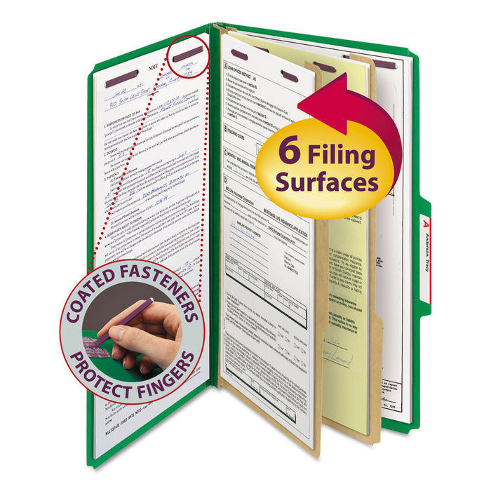 Six-Section Pressboard Top Tab Classification Folders with SafeSHIELD Fasteners, 2 Dividers, Legal Size, Green, 10/Box