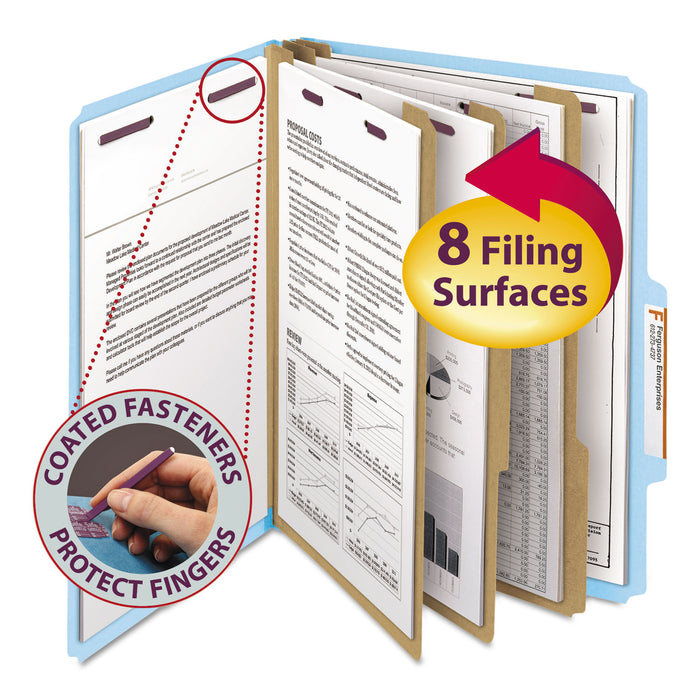 Eight-Section Pressboard Top Tab Classification Folders with SafeSHIELD Fasteners, 3 Dividers, Letter Size, Blue, 10/Box