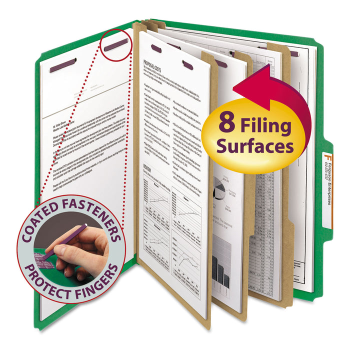 Eight-Section Pressboard Top Tab Classification Folders with SafeSHIELD Fasteners, 3 Dividers, Letter Size, Green, 10/Box
