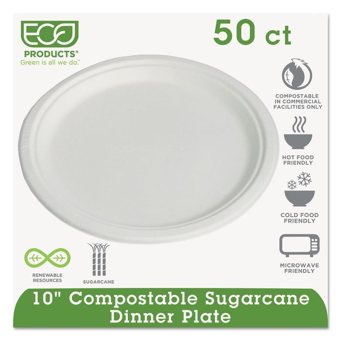 Compostable Sugarcane Dinnerware, 10" Plate, Natural White, 50/Pack, 10 Pk/Ctn