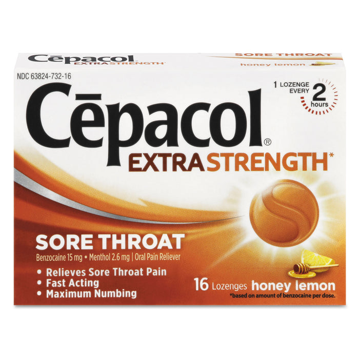 Extra Strength Sore Throat Lozenges, Honey Lemon, 16 Lozenges/Box, 24 Box/Carton