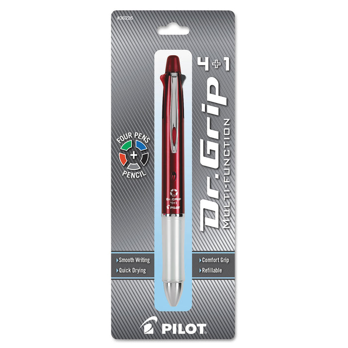 Dr. Grip 4 + 1 Retractable Ballpoint Pen/Pencil, Black/Blue/Green/Red Ink, Burgundy Barrel