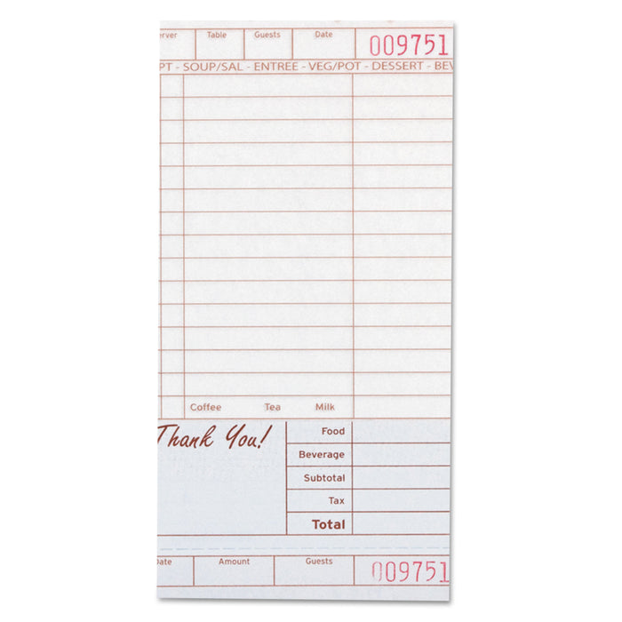 Guest Check Book, Carbonless Duplicate, 4 1/5 x 8 1/2, 200/Pack, 10 Packs/Carton