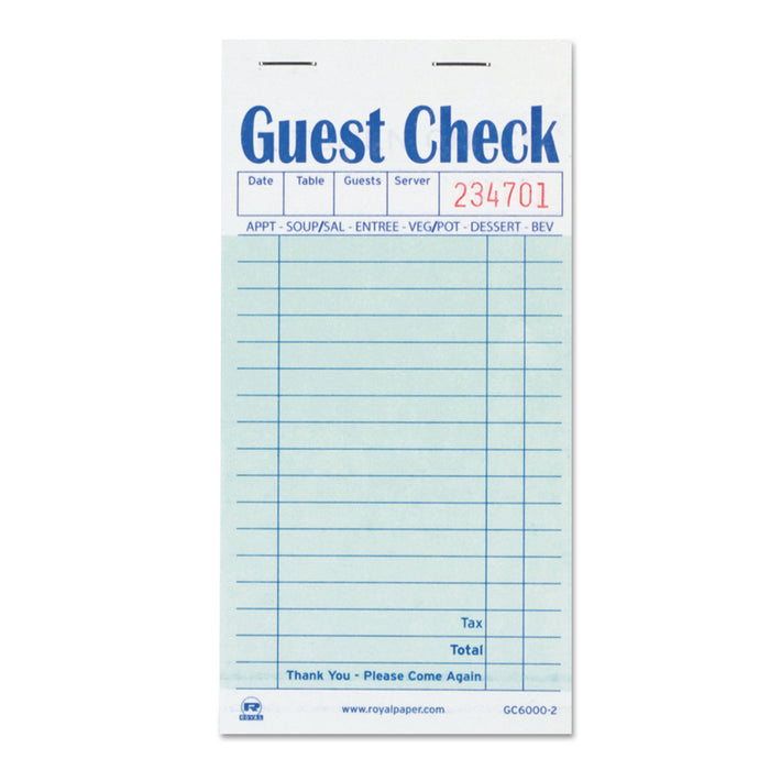 Guest Check Book, Carbon Duplicate, 3 1/2 x 6 7/10, 50/Book, 50 Books/Carton