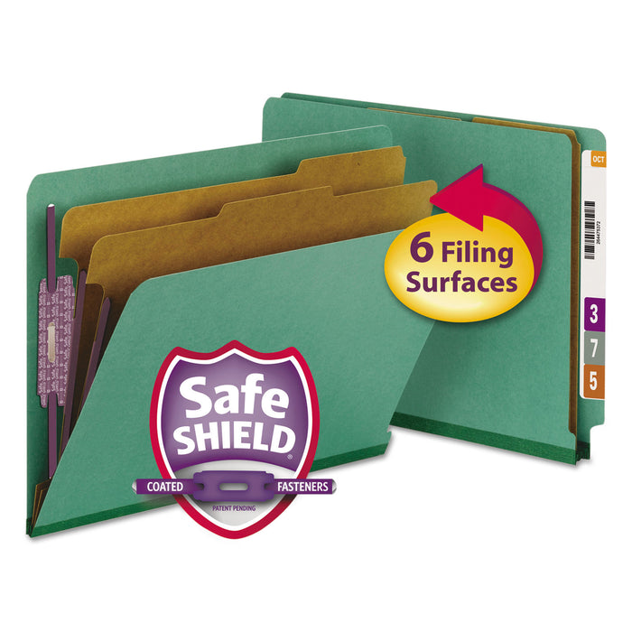 End Tab Colored Pressboard Classification Folders with SafeSHIELD Coated Fasteners, 2 Dividers, Letter Size, Green, 10/Box