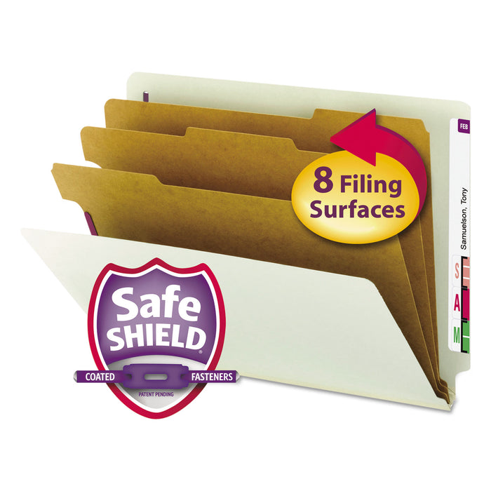End Tab Pressboard Classification Folders with SafeSHIELD Coated Fasteners, 3 Dividers, Letter Size, Gray-Green, 10/Box