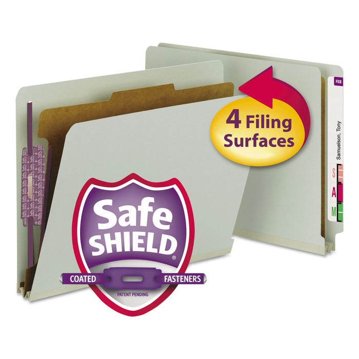 End Tab Pressboard Classification Folders with SafeSHIELD Coated Fasteners, 1 Divider, Letter Size, Gray-Green, 10/Box