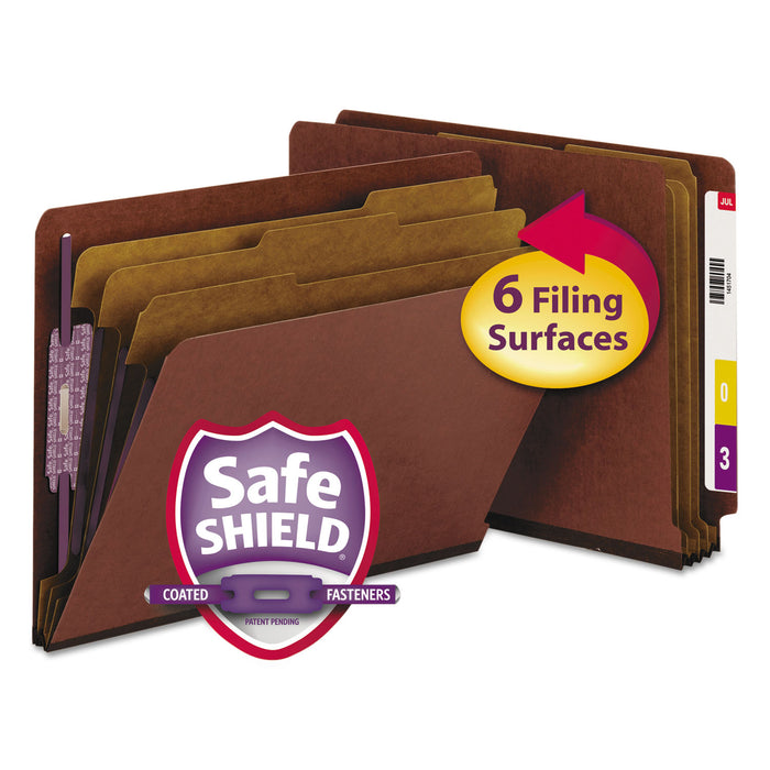 End Tab Pressboard Classification Folders with SafeSHIELD Coated Fasteners, 3 Dividers, Letter Size, Red, 10/Box