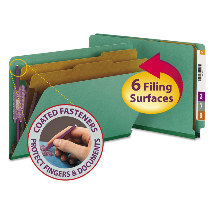 End Tab Colored Pressboard Classification Folders with SafeSHIELD Coated Fasteners, 2 Dividers, Legal Size, Green, 10/Box
