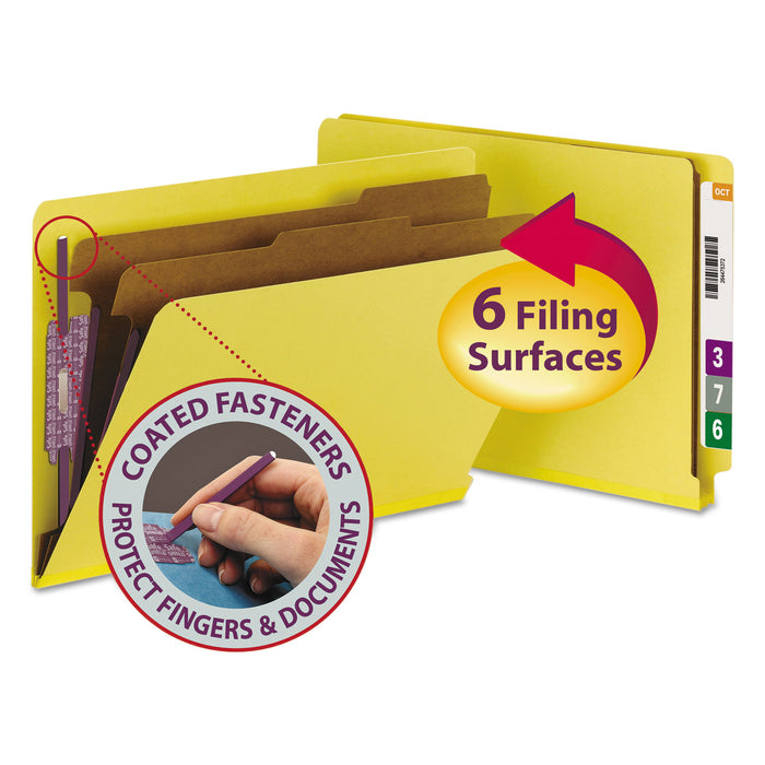 End Tab Colored Pressboard Classification Folders with SafeSHIELD Coated Fasteners, 2 Dividers, Legal Size, Yellow, 10/Box