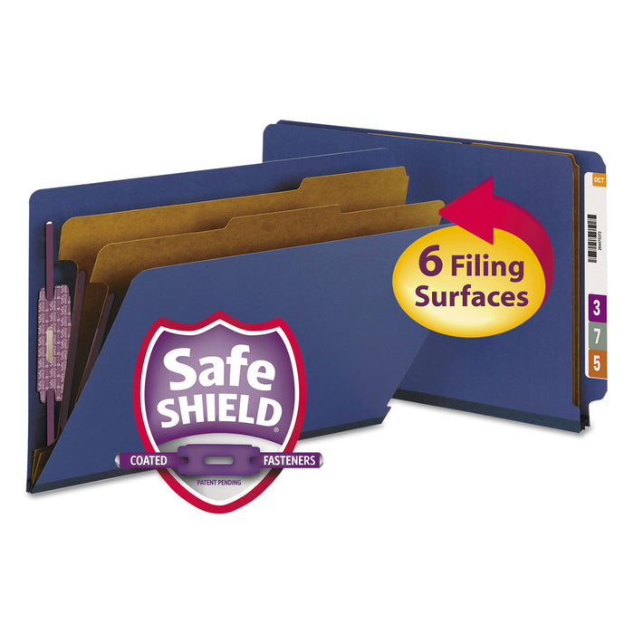 End Tab Colored Pressboard Classification Folders with SafeSHIELD Coated Fasteners, 2 Dividers, Legal Size, Dark Blue, 10/Box
