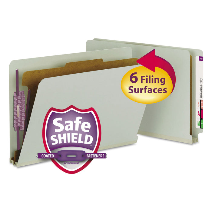 End Tab Pressboard Classification Folders with SafeSHIELD Coated Fasteners, 1 Divider, Legal Size, Gray-Green, 10/Box