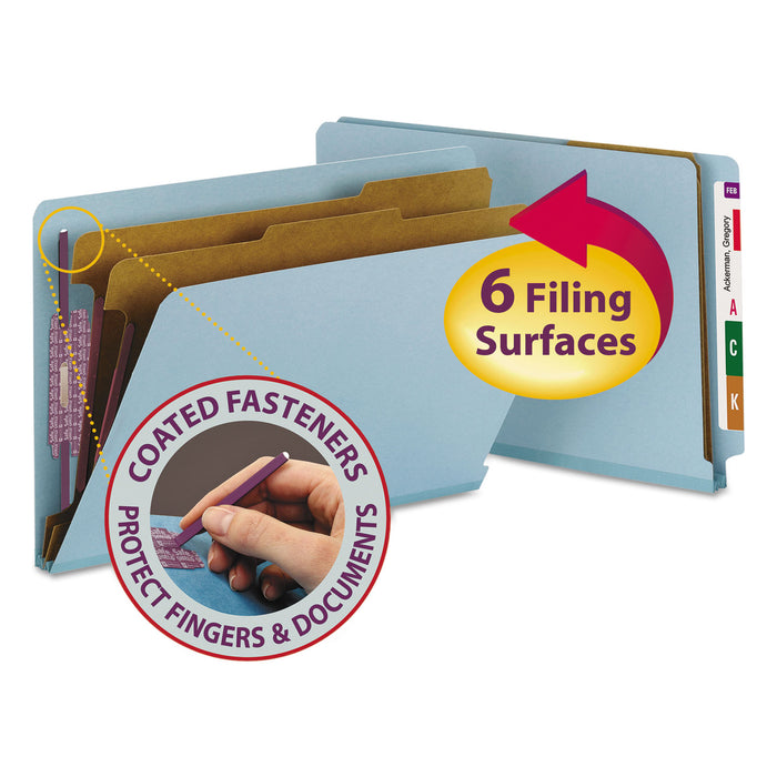 End Tab Colored Pressboard Classification Folders with SafeSHIELD Coated Fasteners, 2 Dividers, Legal Size, Blue, 10/Box