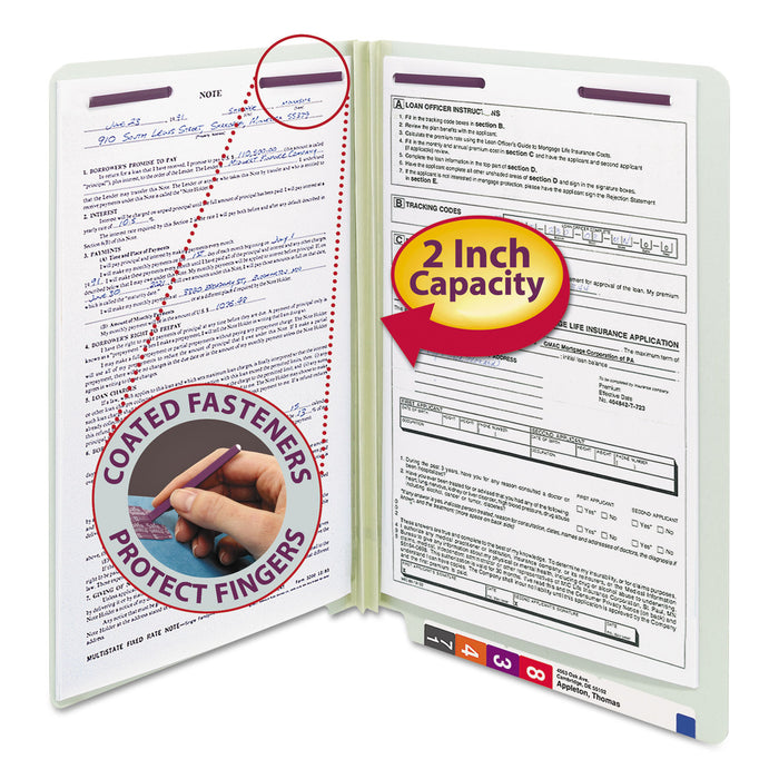 End Tab 2" Expansion Pressboard File Folders w/Two SafeSHIELD Coated Fasteners, Straight Tab, Legal Size, Gray-Green, 25/Box