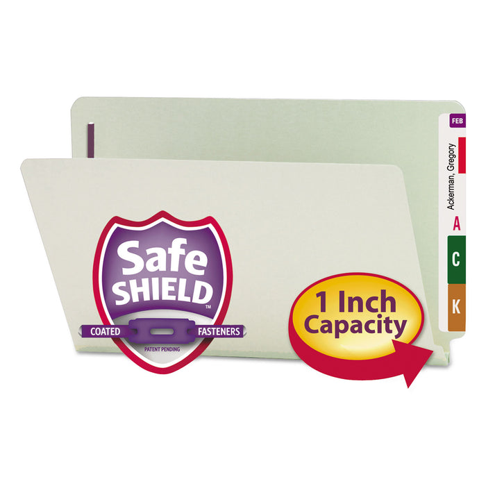 End Tab 1" Expansion Pressboard File Folders w/Two SafeSHIELD Coated Fasteners, Straight Tab, Legal Size, Gray-Green, 25/Box