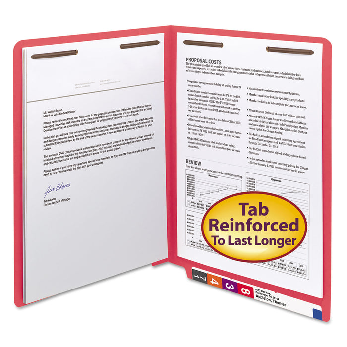 Heavyweight Colored End Tab Folders with Two Fasteners, Straight Tab, Letter Size, Red, 50/Box