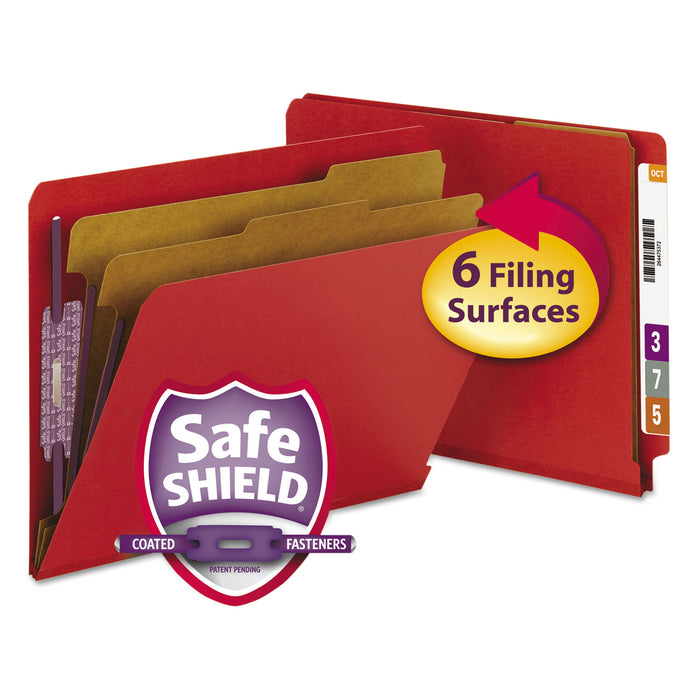 End Tab Pressboard Classification Folders with SafeSHIELD Fasteners, 2 Dividers, Letter Size, Bright Red, 10/Box