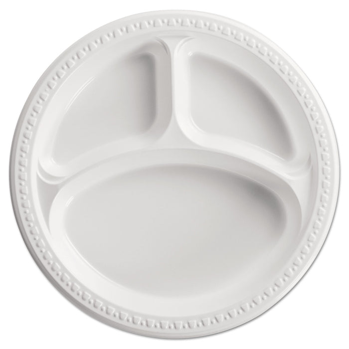 Heavyweight Plastic 3 Compartment Plates, 10 1/4" Dia, White, 125/PK, 4 PK/CT