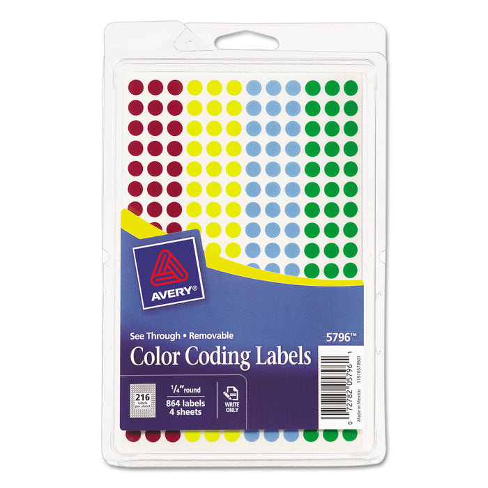 Handwrite-Only Self-Adhesive "See Through" Removable Round Color Dots, 0.25" dia., Assorted, 216/Sheet, 4 Sheets/Pack, (5796)