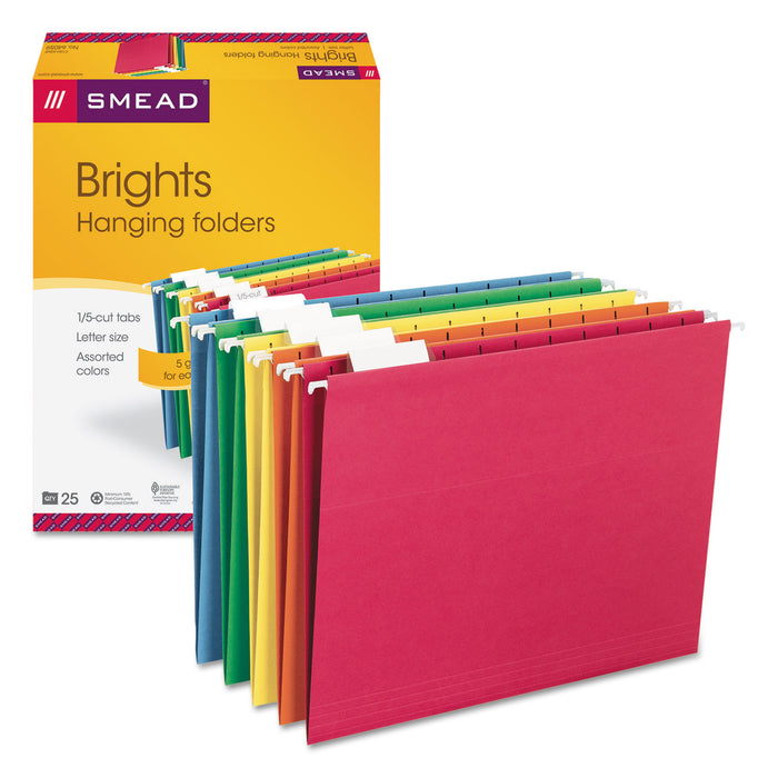 Colored Hanging File Folders, Letter Size, 1/5-Cut Tab, Assorted, 25/Box