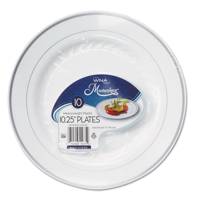 Masterpiece Plastic Dinnerware, White/Silver, 10 1/4", 10/Pack