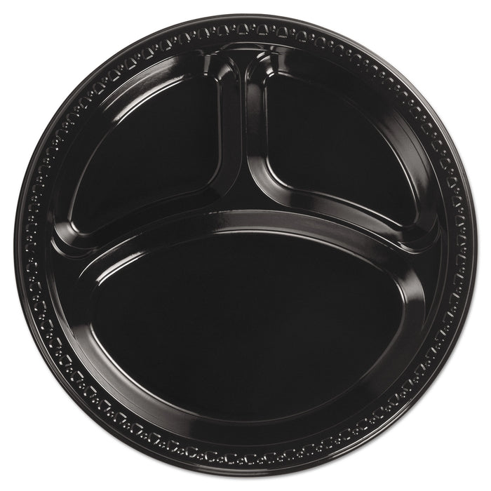Heavyweight Plastic 3 Compartment Plates, 10 1/4" Dia, Black, 125/PK, 4 Packs/CT