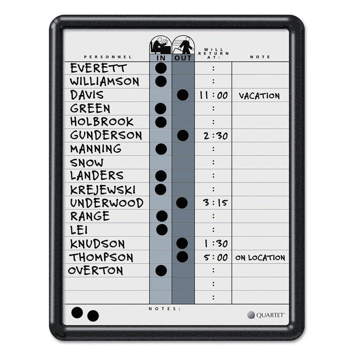 Employee In/Out Board, Porcelain, 11 x 14, Gray, Black Plastic Frame